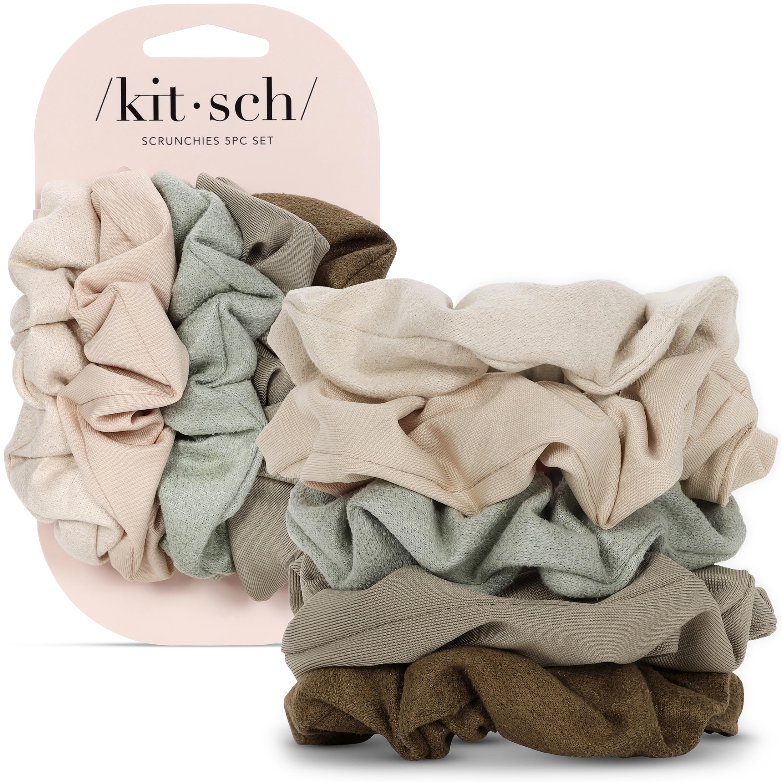 Kitsch moss green pack front showing five coordinating scrunchies and colors