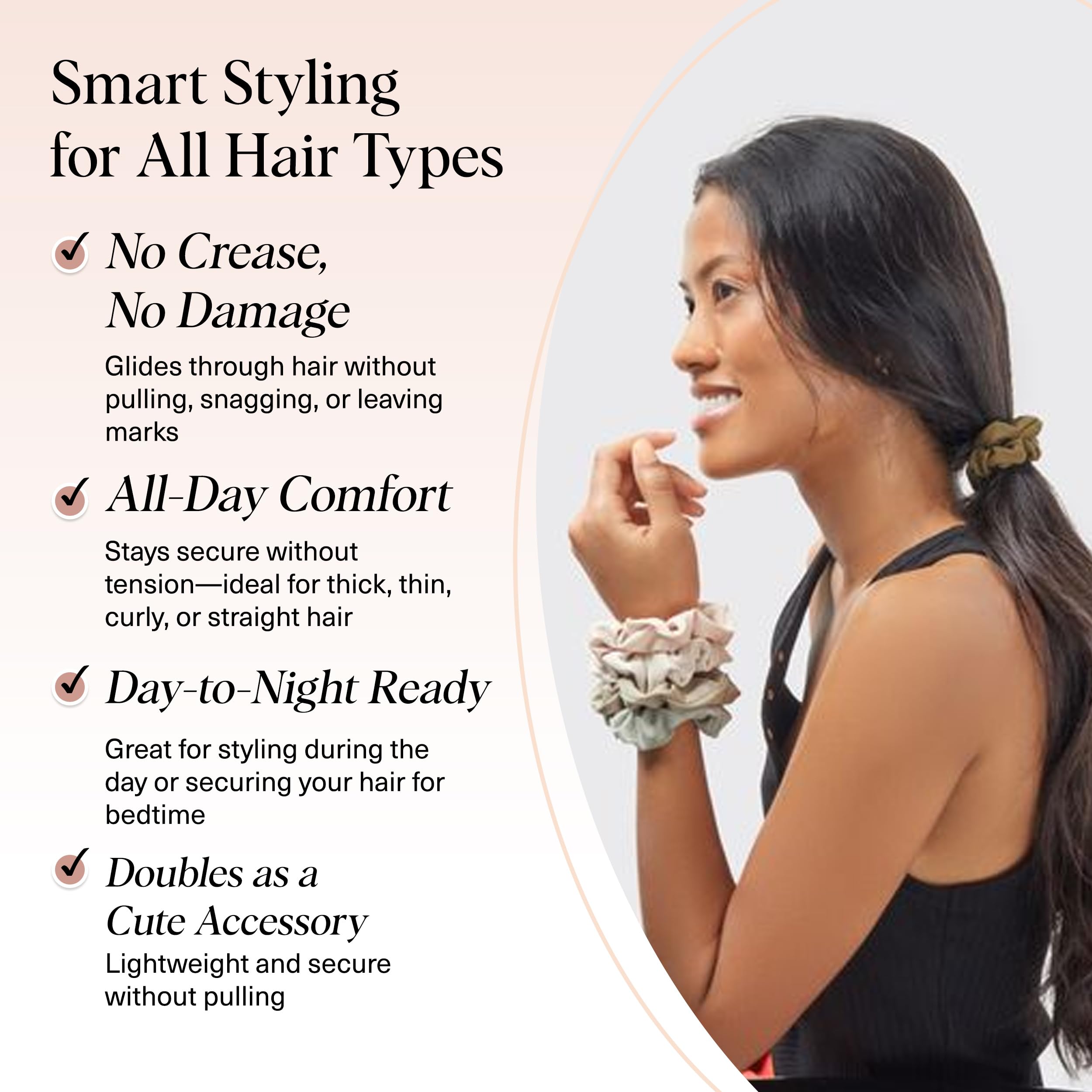 Kitsch scrunchie in a ponytail demonstrating secure hold without creases
