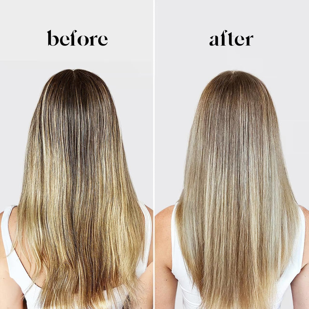 Kitsch conditioner bar being applied to hair showing purple tone deposit and detangling benefit: smoother strands