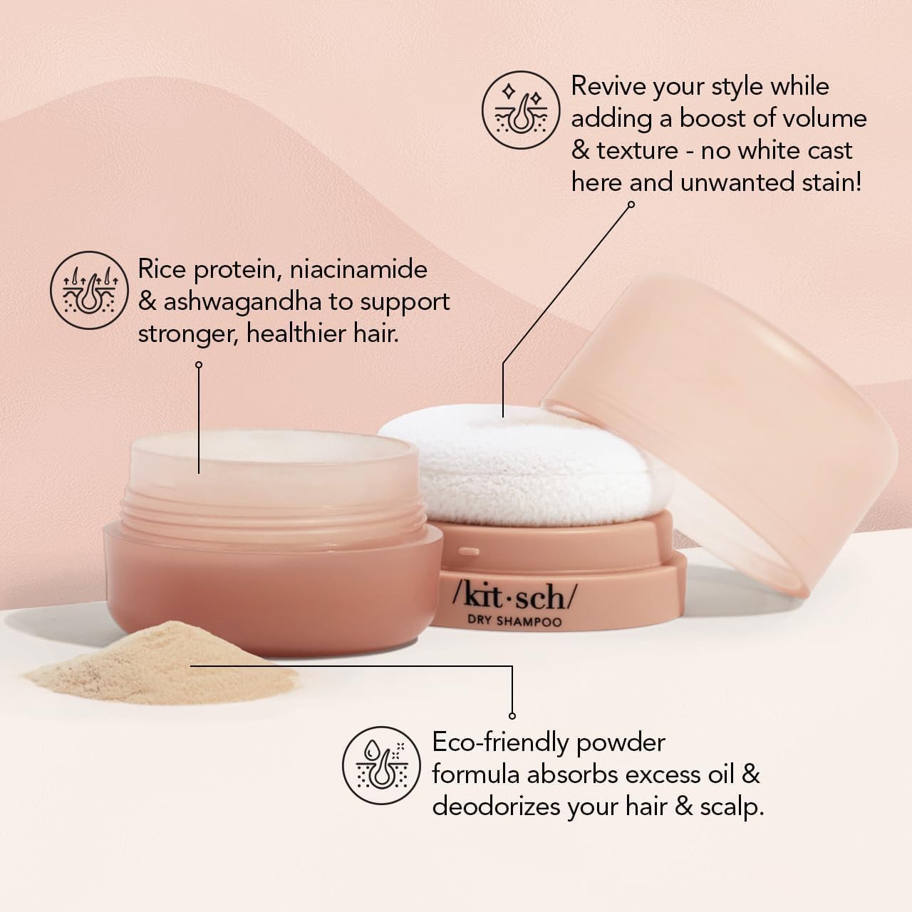 Kitsch open jar with built‑in puff demonstrating mess‑free application benefit