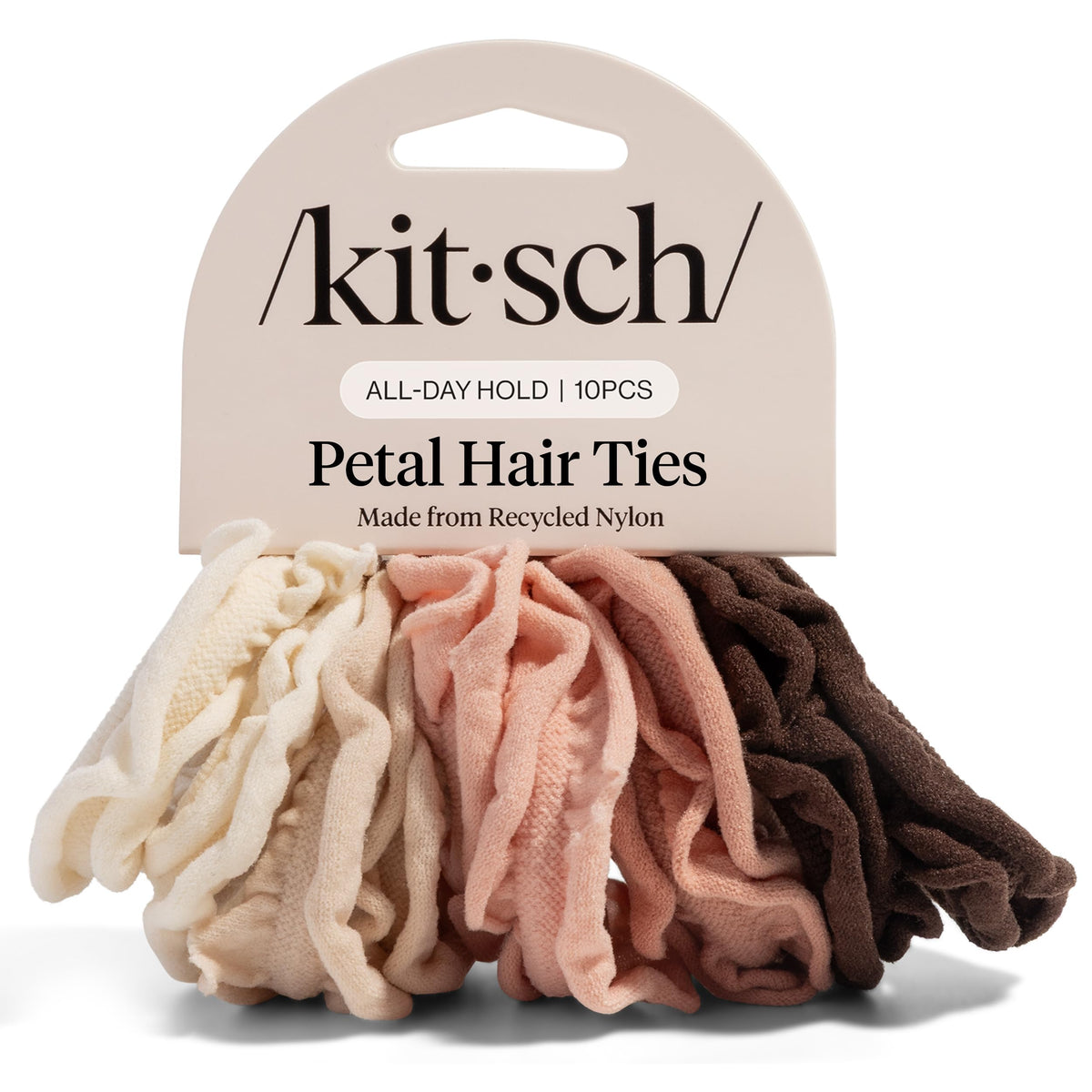 Kitsch front packaging showing blush petal hair ties and product count benefit