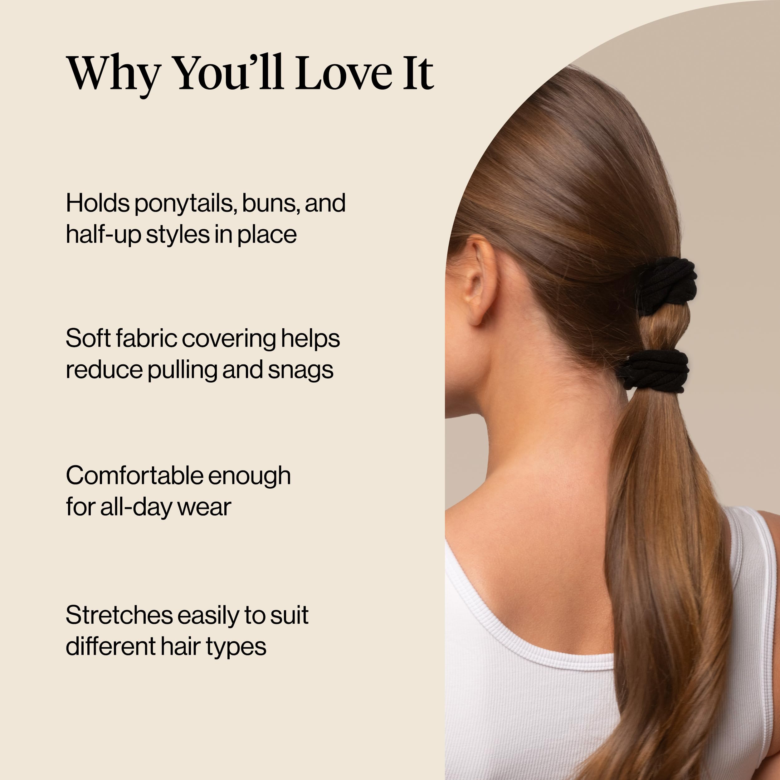 Kitsch petal hair tie holding a ponytail securely, showing no creases benefit
