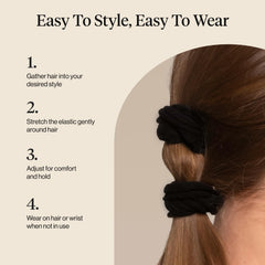 Kitsch hair ties next to common objects for scale, clear size and portability benefit