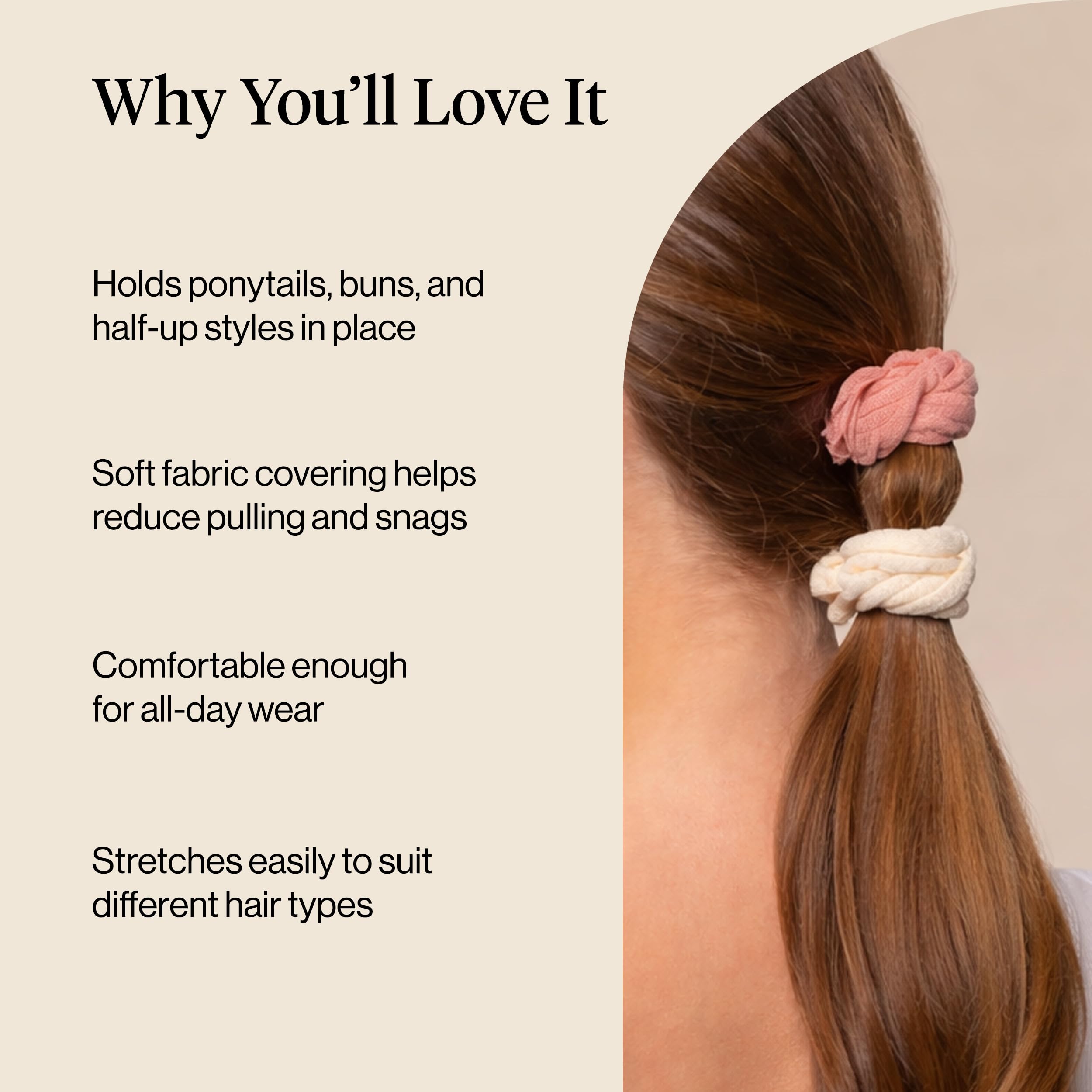 Kitsch hair tie worn on wrist as accessory for quick styling benefit