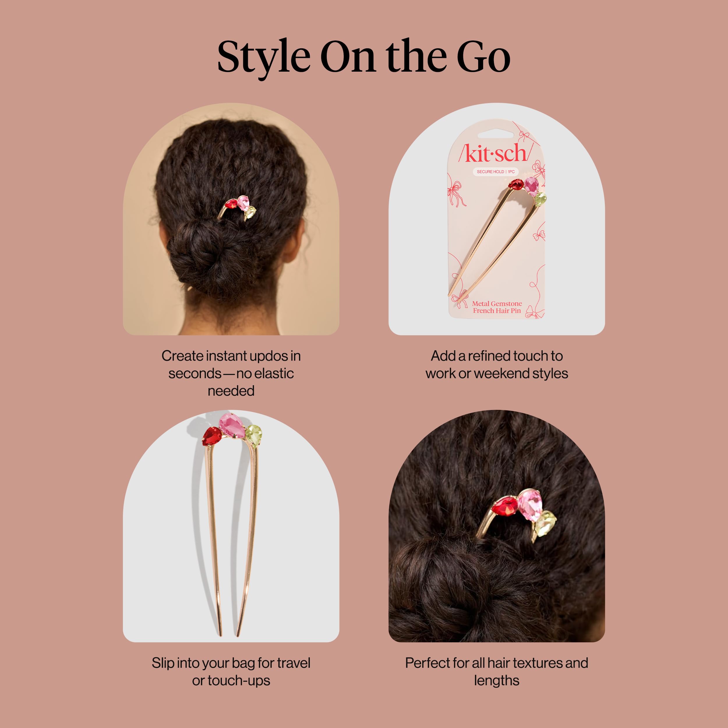 Kitsch pin holding different hair types to show versatility and secure hold benefit