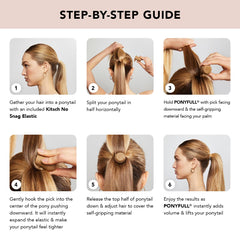 Kitsch PONYFULL side profile inside a bun creating polished shape and hold benefit