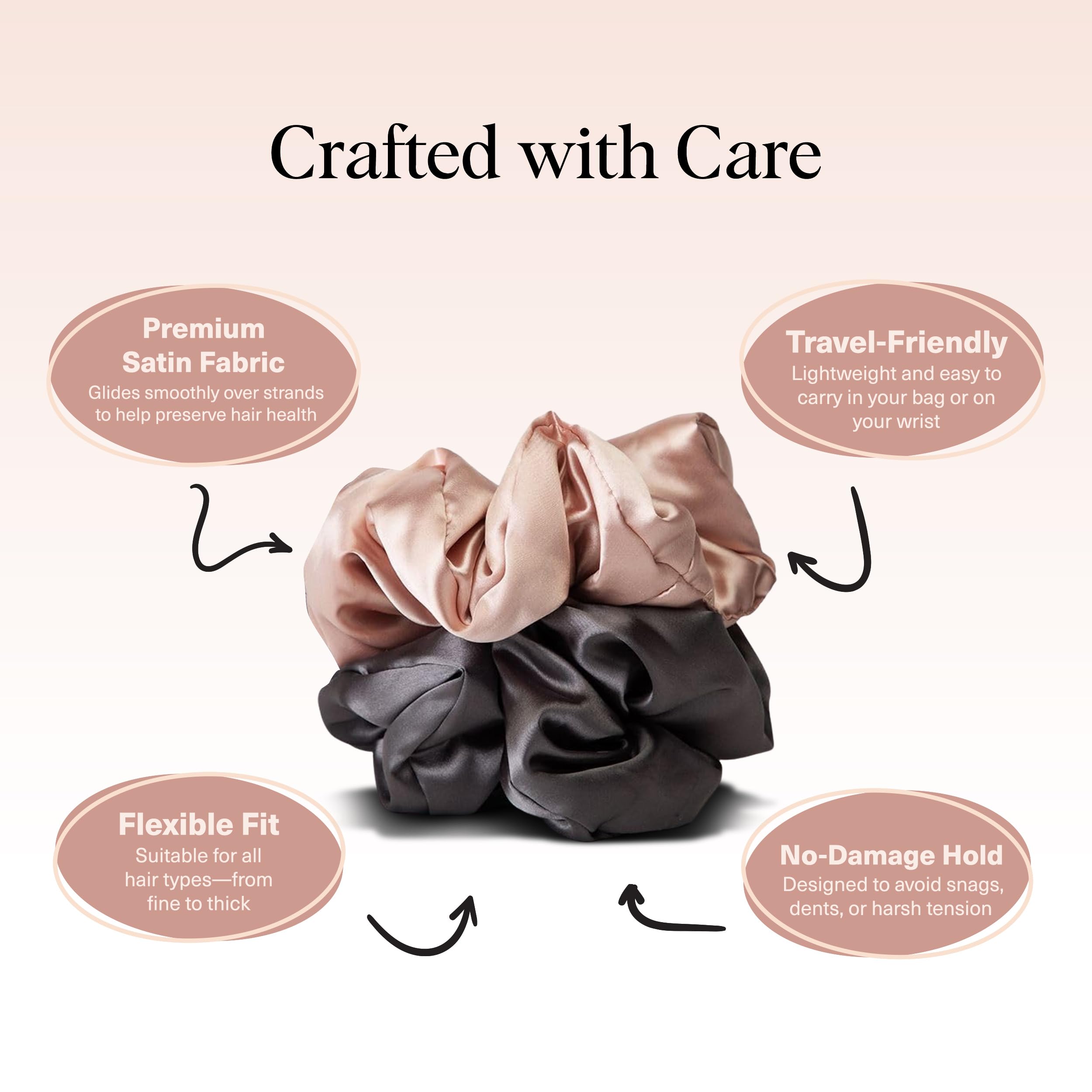 Kitsch blush scrunchie holding a ponytail for crease-free, polished finish