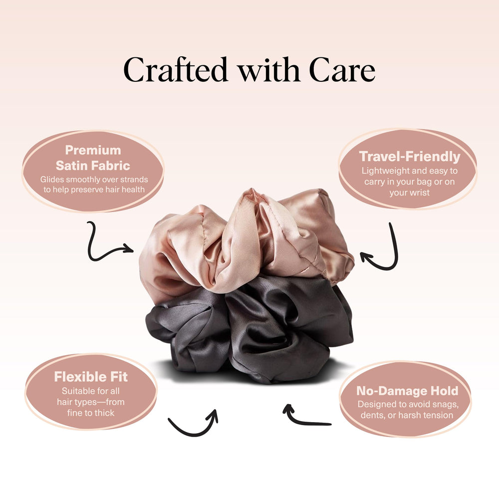 Kitsch blush scrunchie holding a ponytail for crease-free, polished finish