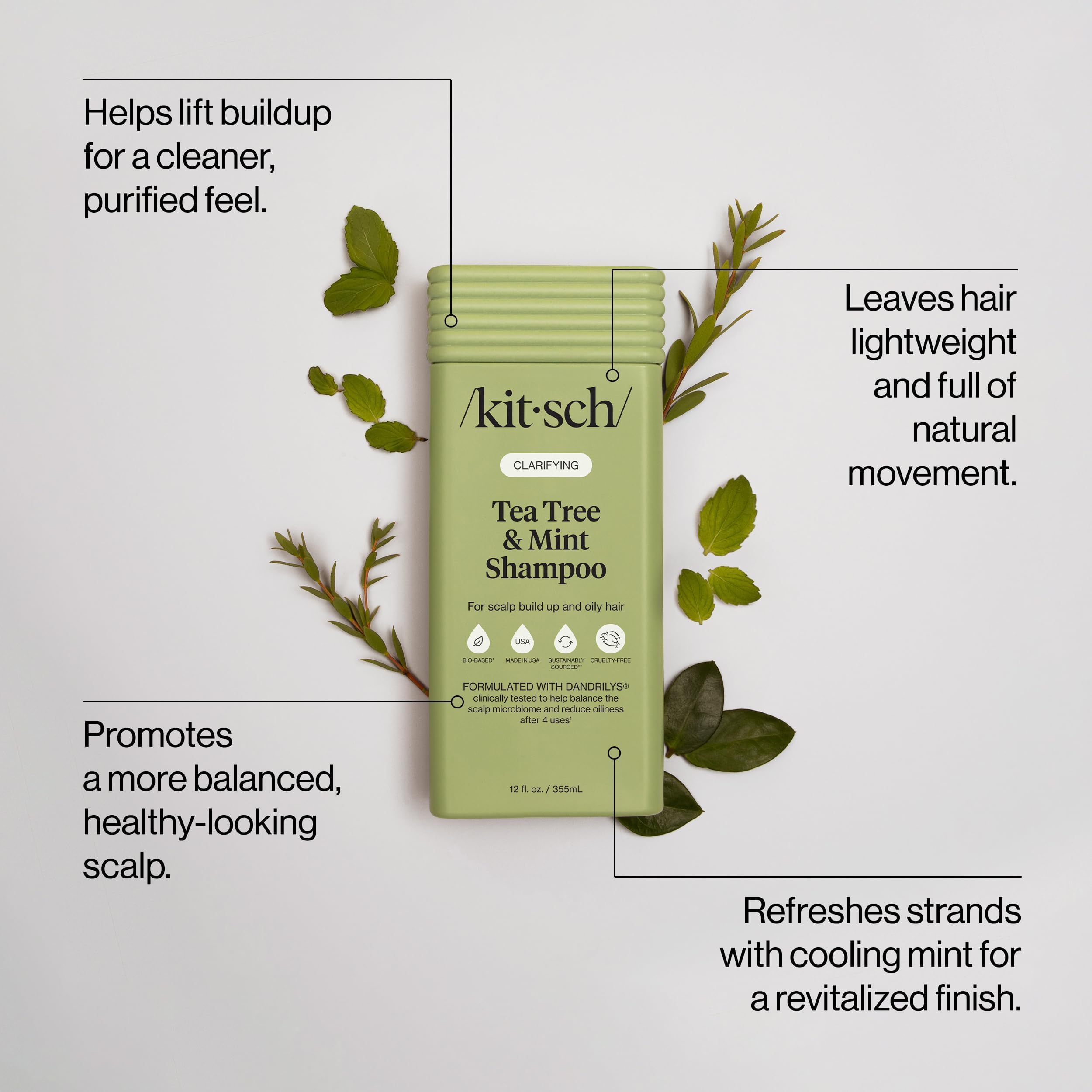 Kitsch shampoo texture pouring from bottle highlighting cooling peppermint clarity