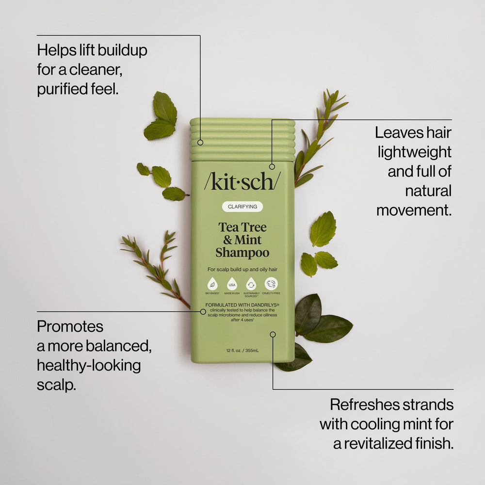 Kitsch shampoo texture pouring from bottle highlighting cooling peppermint clarity