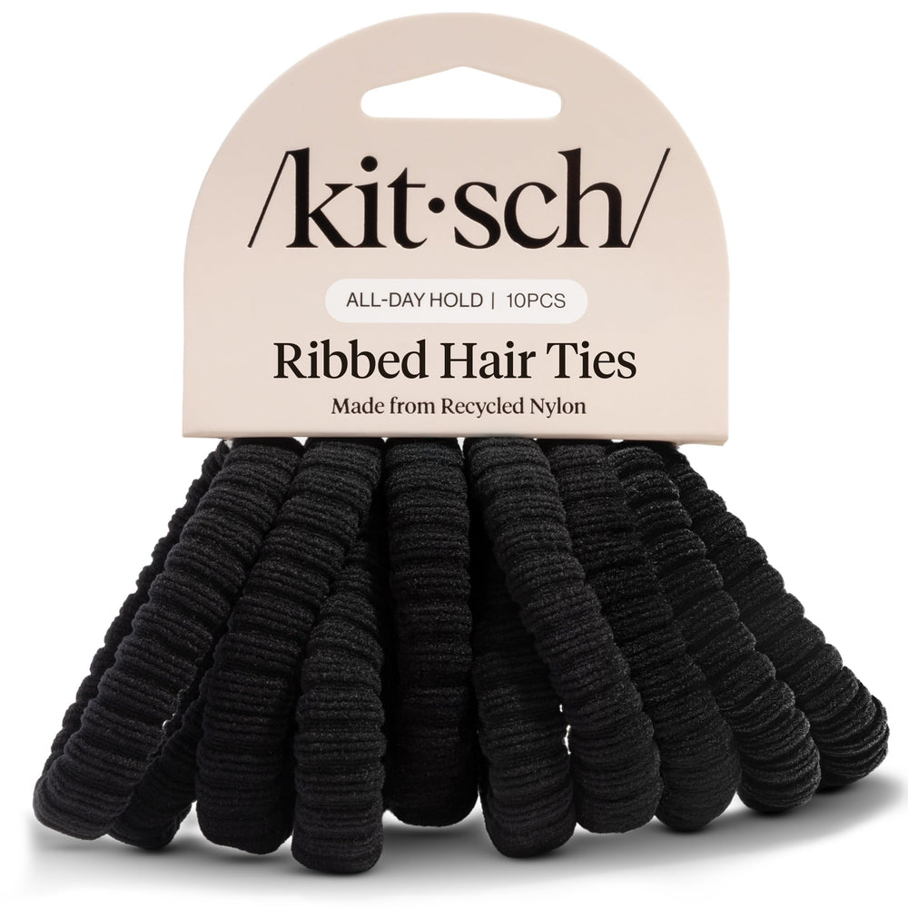 Kitsch front packaging showing 10 black ribbed hair ties and neat storage benefit