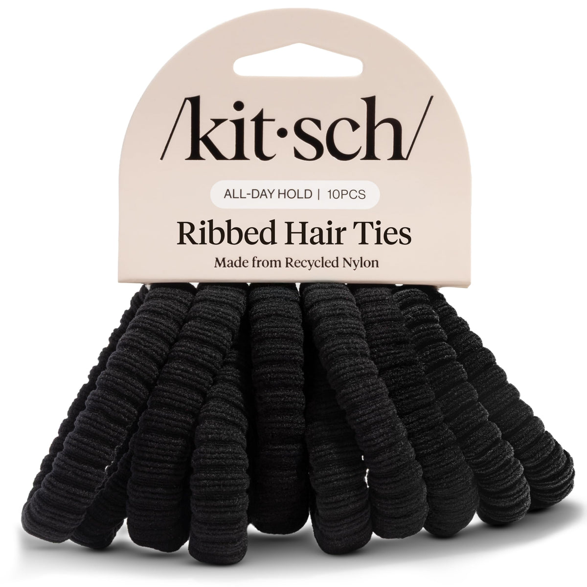 Kitsch front packaging showing 10 black ribbed hair ties and neat storage benefit