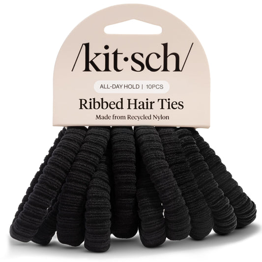 Kitsch front packaging showing 10 black ribbed hair ties and neat storage benefit