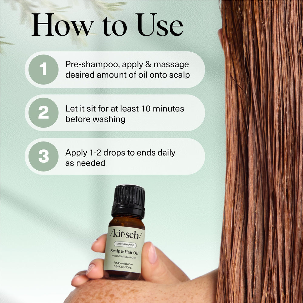 Kitsch applying oil to scalp to soothe and loosen buildup before washing