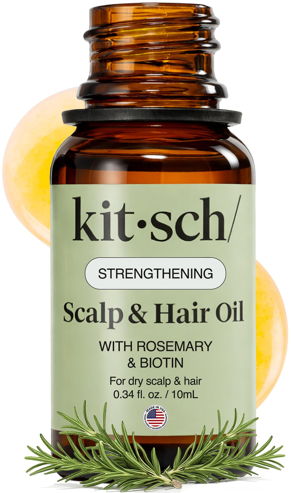 Kitsch bottle front view showing compact rosemary oil and travel size benefits