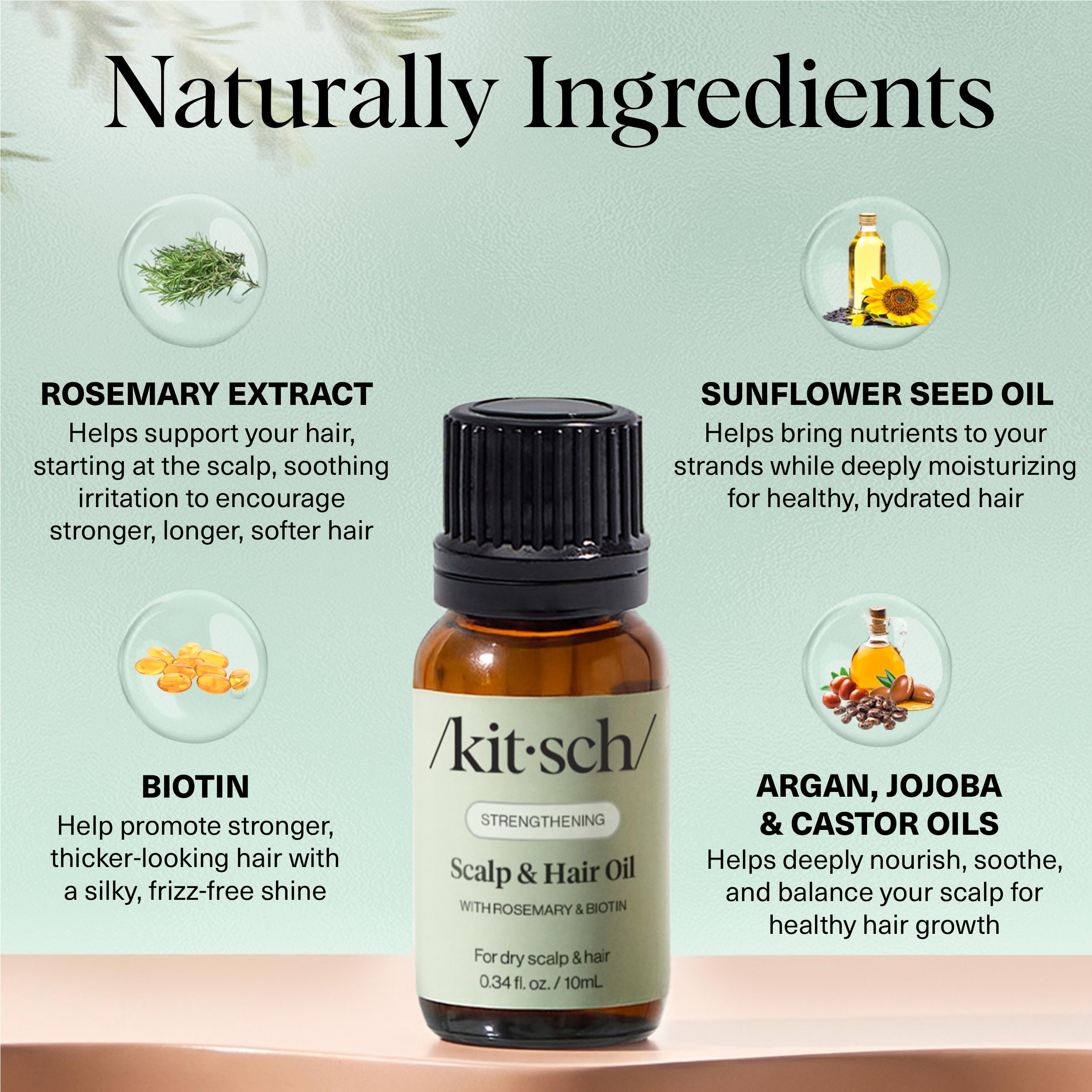 Kitsch with rosemary, jojoba, castor and biotin arranged to show natural ingredients