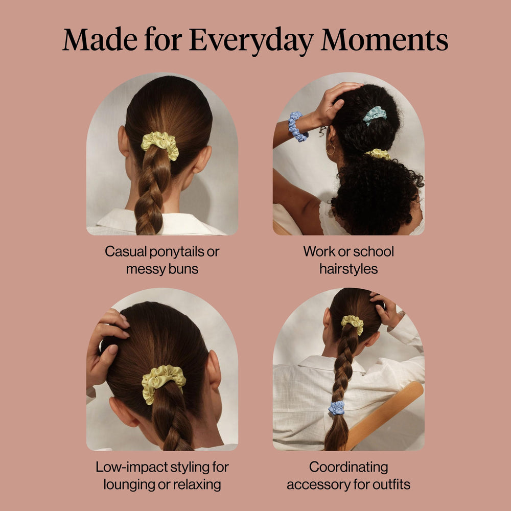 Kitsch five-color scrunchie set flatlay showing versatile color options and styling benefit
