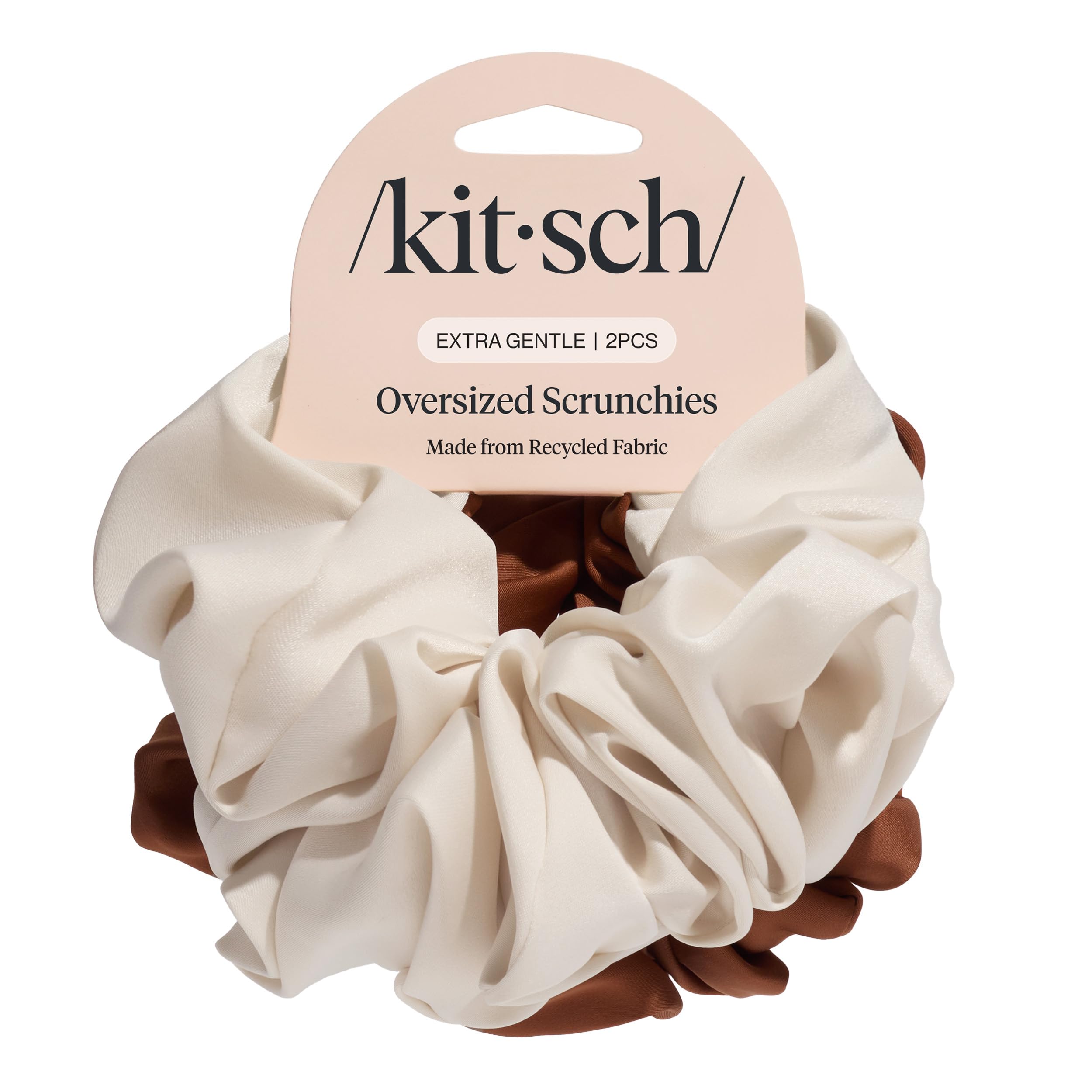 Kitsch front view of camel and cream scrunchies showing soft recycled satin and stylish shape