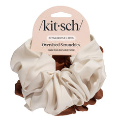 Kitsch front view of camel and cream scrunchies showing soft recycled satin and stylish shape