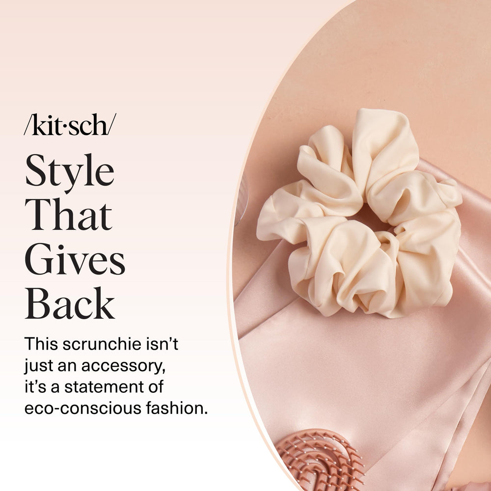 Kitsch scrunchies in a handbag with outfit suggesting travel-friendly, eco-conscious accessory