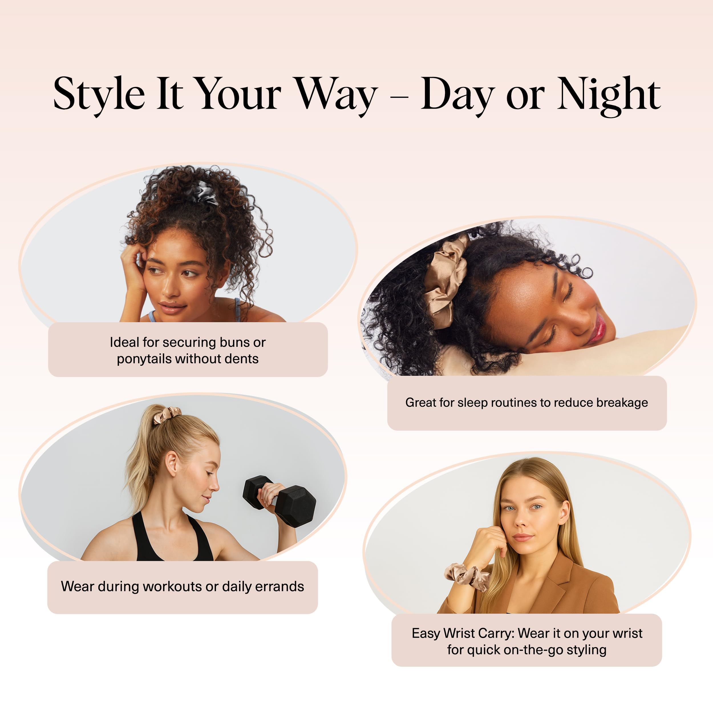 Kitsch scrunchie holding a ponytail with a gentle non-denting hold benefit