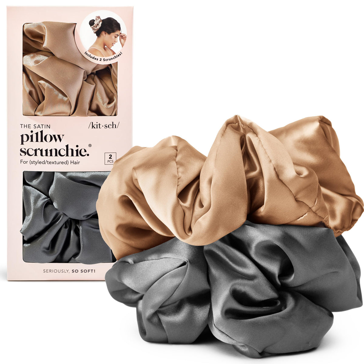 Kitsch scrunchies front packaging showing charcoal and gold colors and convenience