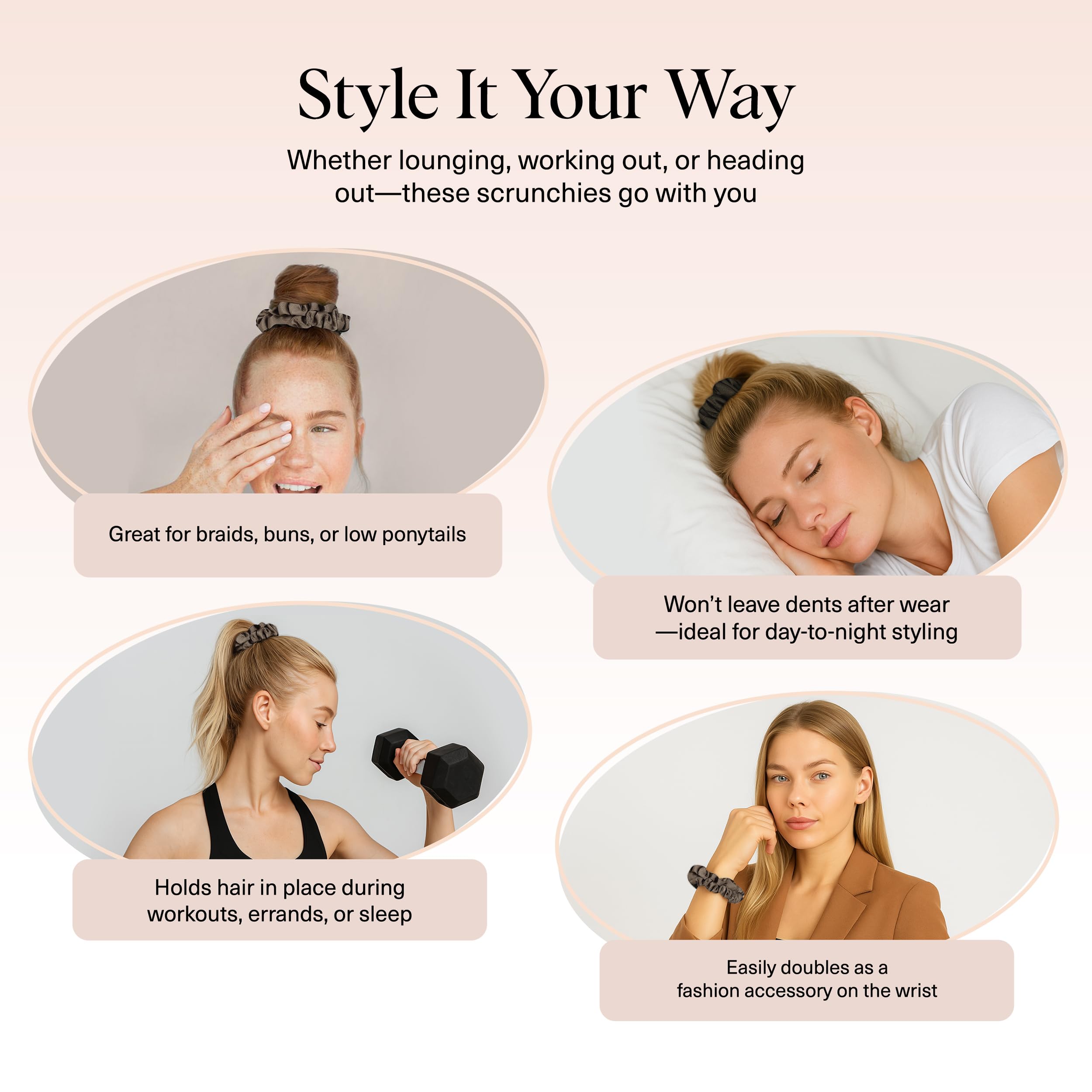 Kitsch ultra-petite scrunchie securing a small bun with elegant finish