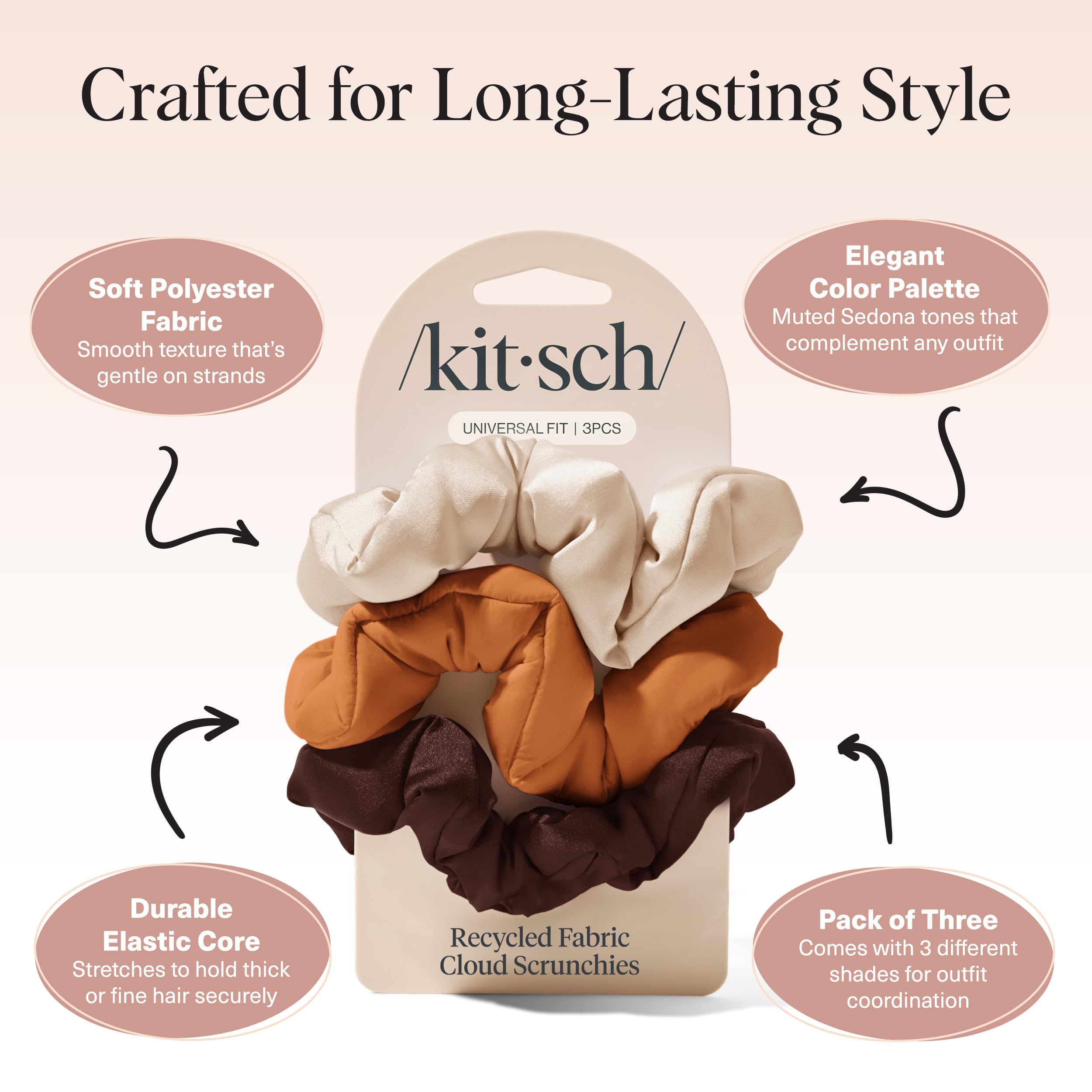 Kitsch scrunchies Sedona worn in ponytail demonstrating secure, crease-free hold