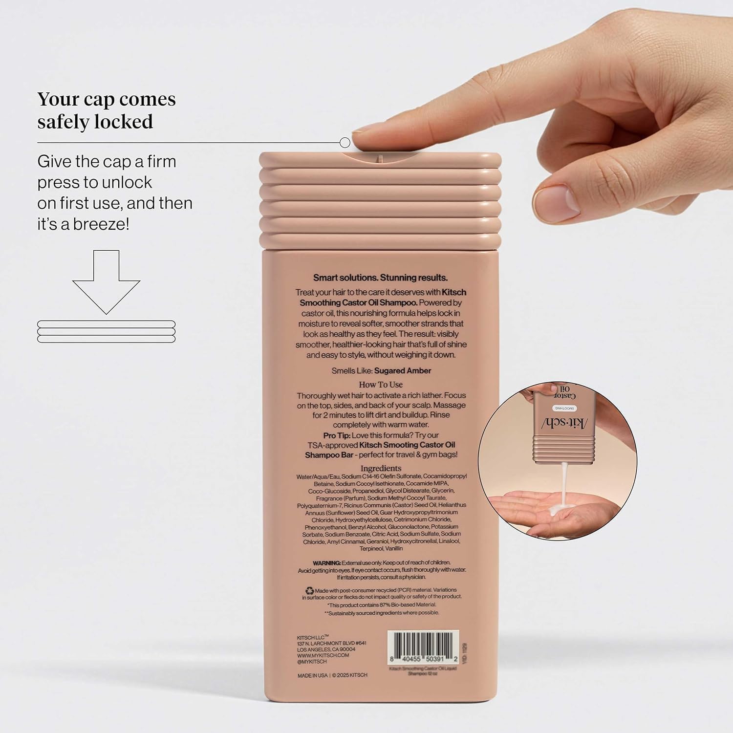Kitsch lather in hand demonstrating gentle, easy-to-rinse foam
