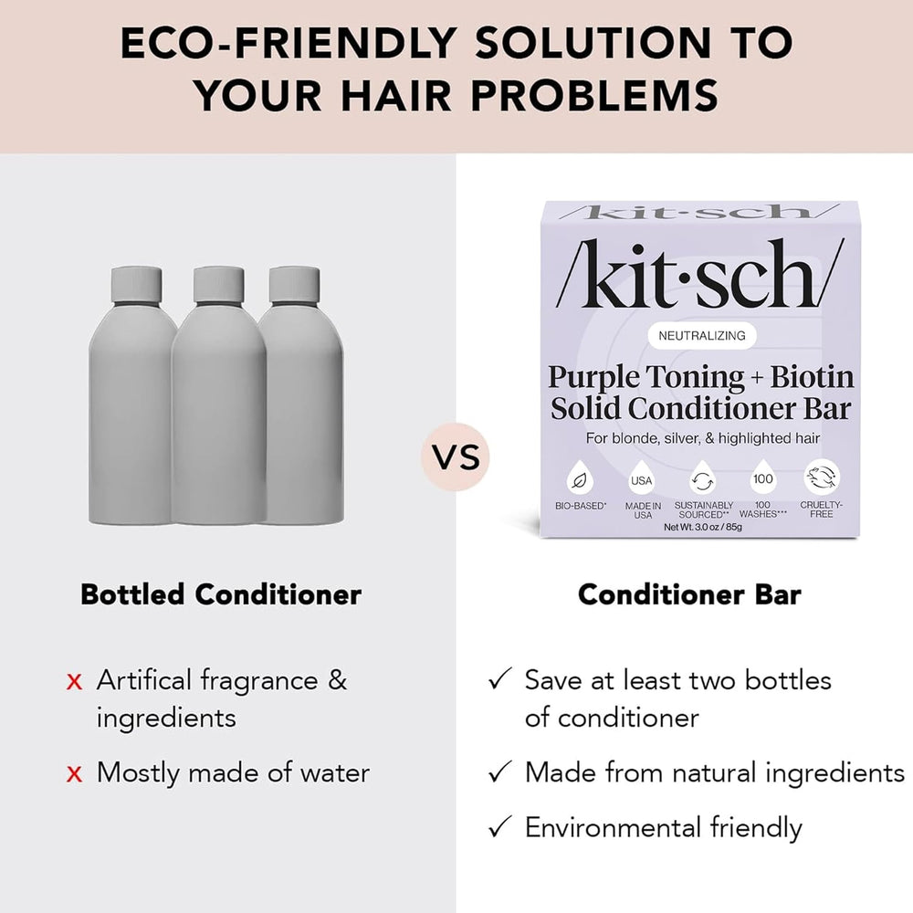Kitsch bar beside two empty conditioner bottles showing plastic reduction benefit: sustainable swap