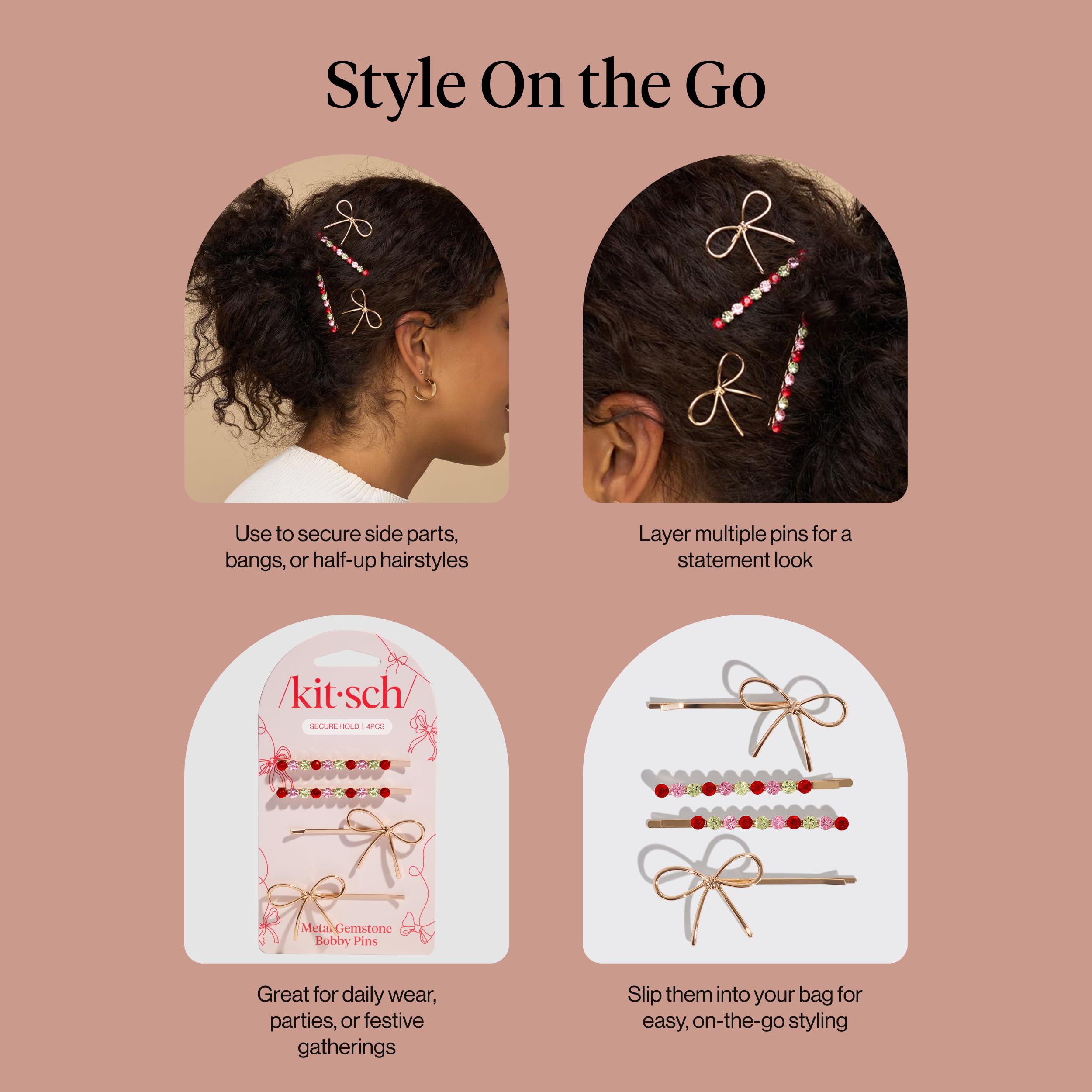 Kitsch bobby pins beside coin to show compact size and portability