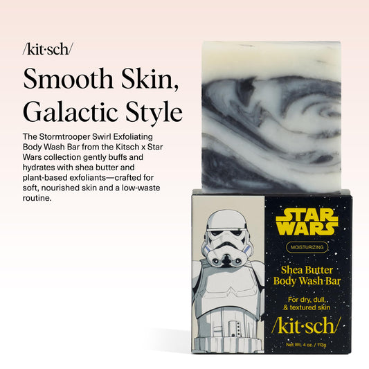Kitsch close-up of Stormtrooper swirl bar texture highlighting gentle exfoliation
