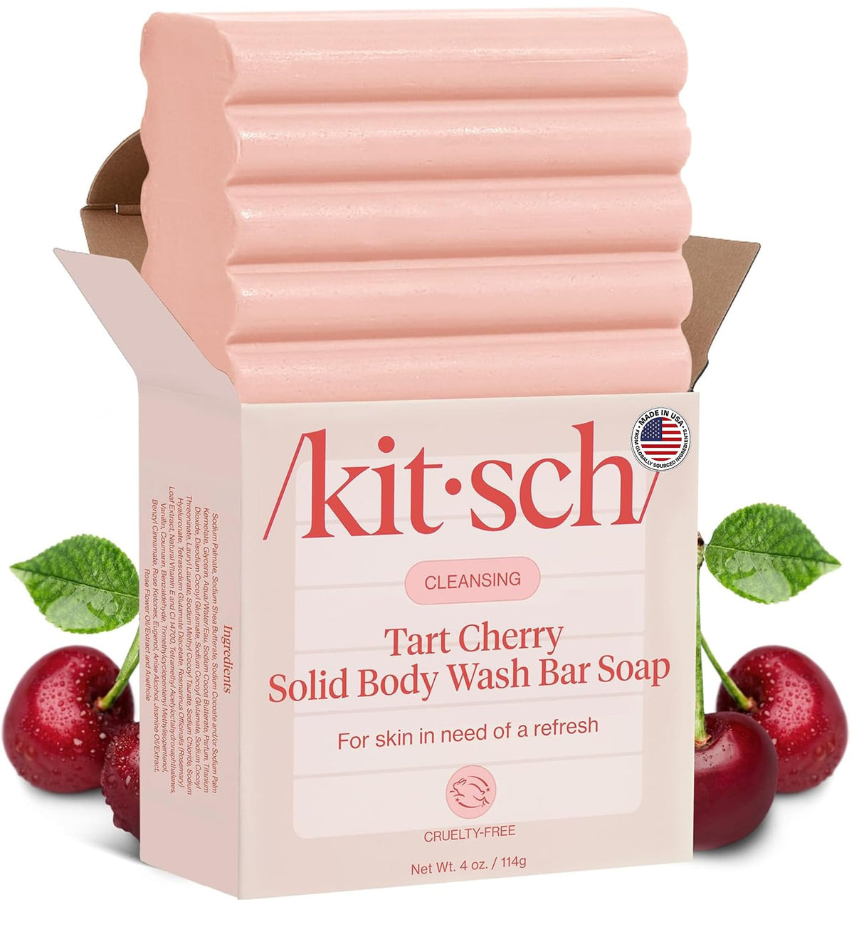 Kitsch tart cherry bar front view showing compact eco-friendly design and bright scent