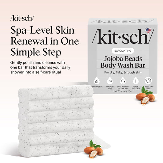 Kitsch close-up of jojoba beads texture, highlights gentle exfoliation benefit