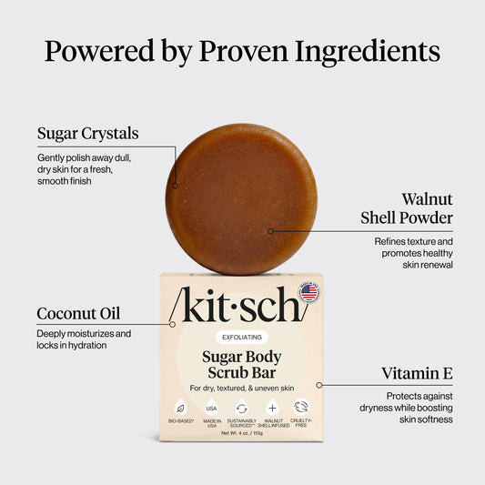 Kitsch close-up of bar texture showing sugar granules and gentle exfoliation benefit