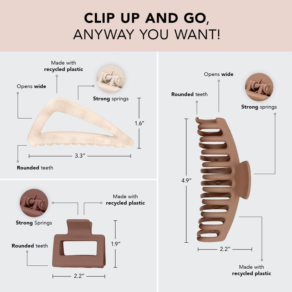 Kitsch flat lay of all three clips displaying size variety and styling options