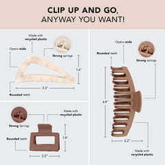 Kitsch flat lay of all three clips displaying size variety and styling options
