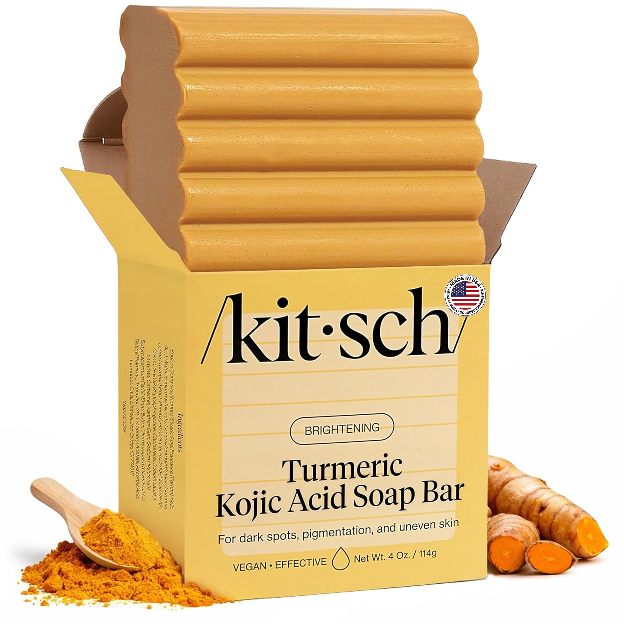 Kitsch bar front packaging shows branding and benefits for brightening