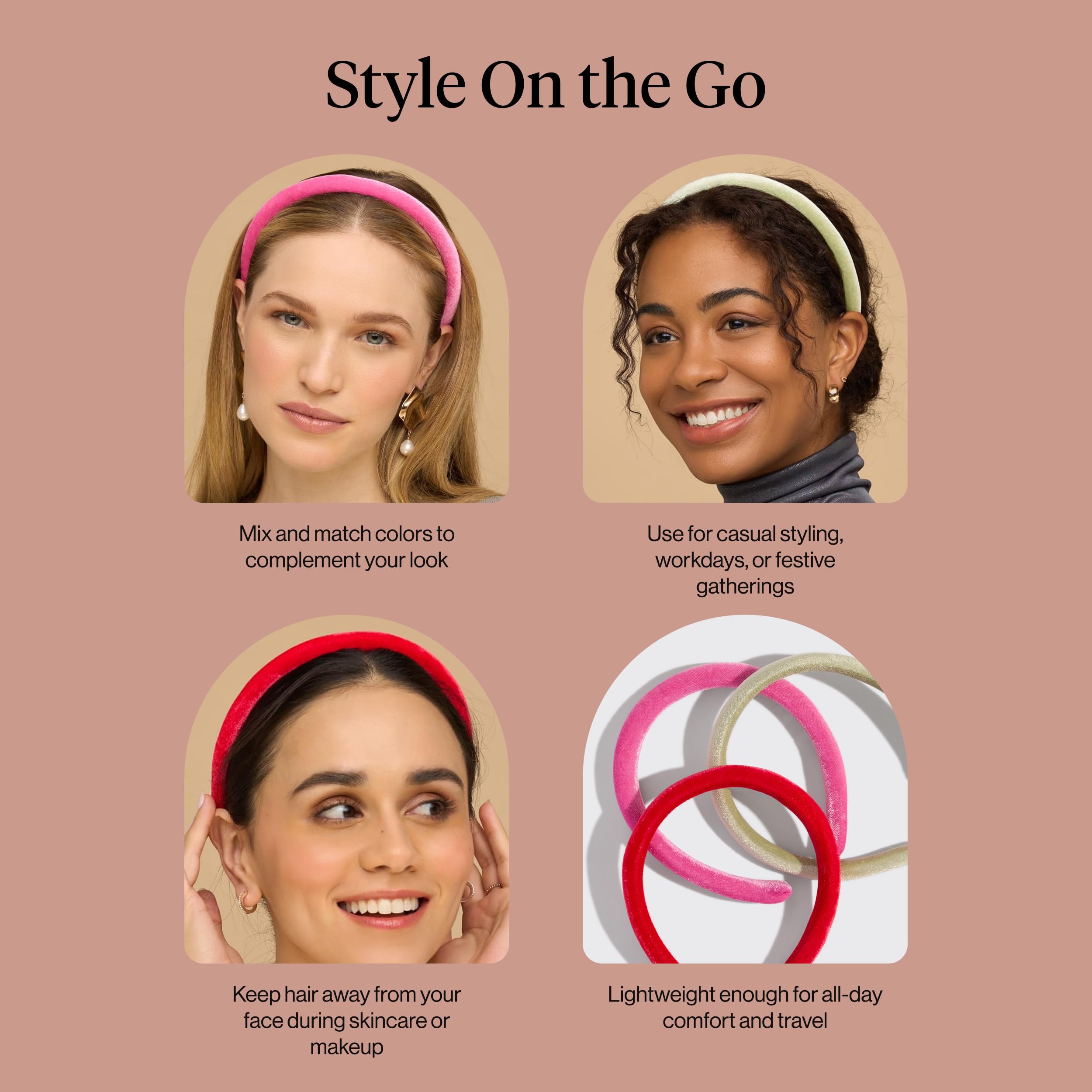 Kitsch three headbands laid flat highlighting pink red green benefit: versatile color options