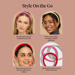 Kitsch three headbands laid flat highlighting pink red green benefit: versatile color options