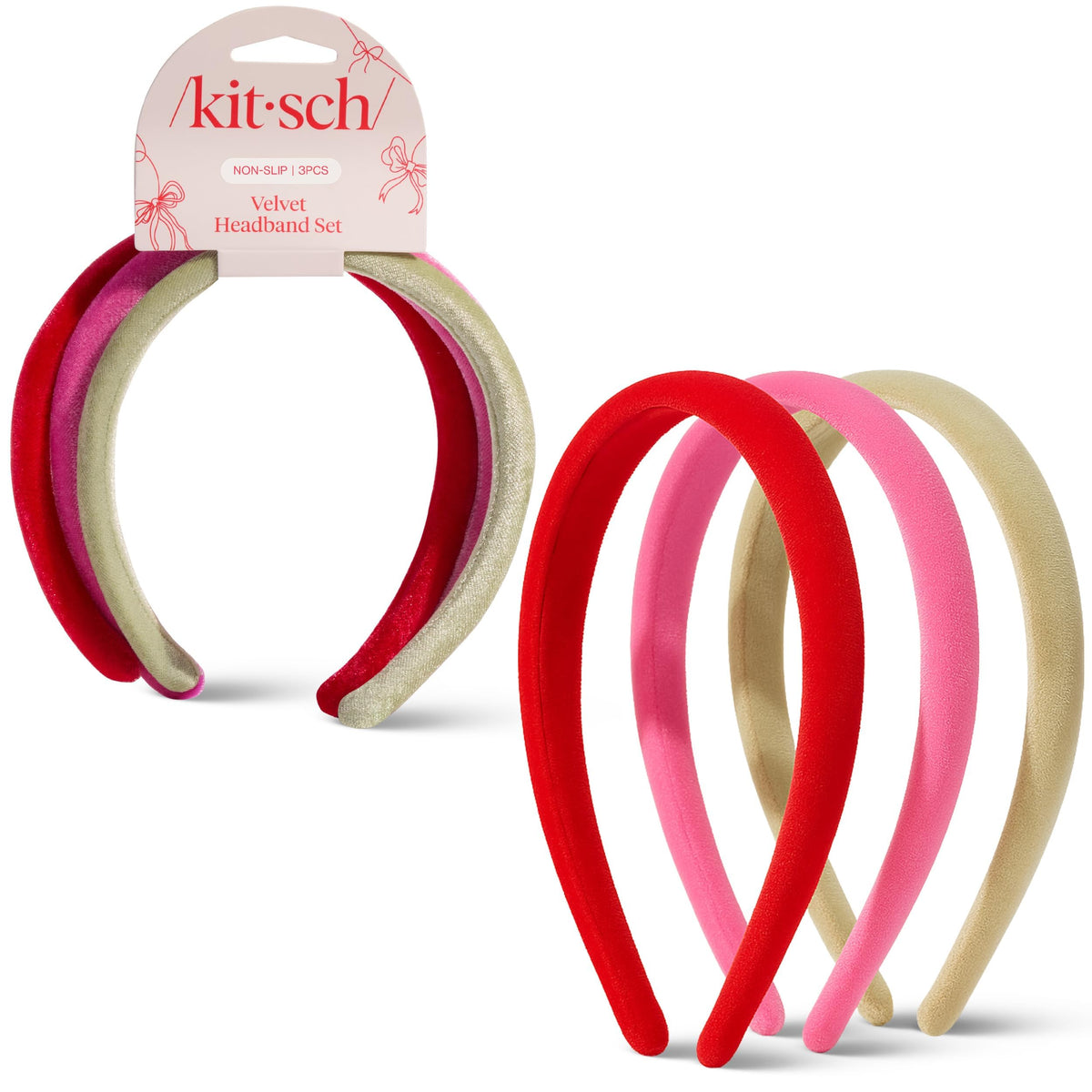 Kitsch headbands front view showing colorful trio and neat packaging benefit: easy gift-ready set