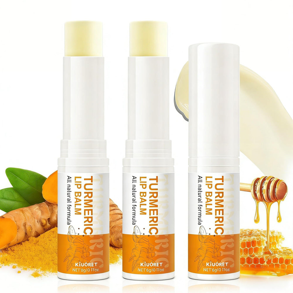 KIUORET front view of three turmeric lip balm tubes showing packaging and convenience