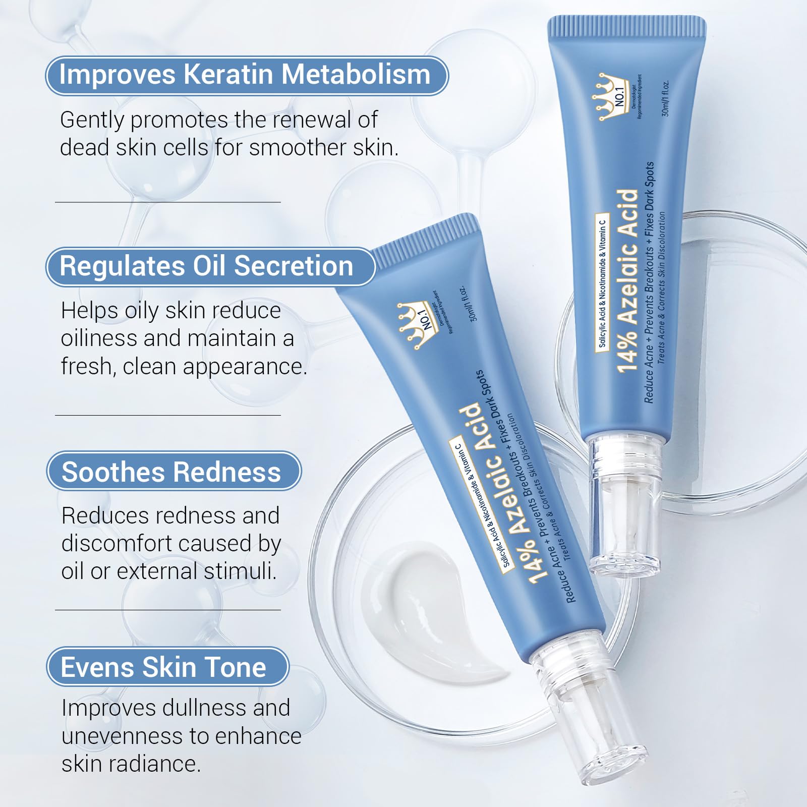 KIUORET label highlighting azelaic, hyaluronic, niacinamide and squalane