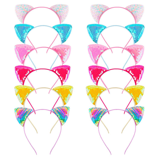 KIUSOWAYD front view of 12-pack colorful cat ear headbands showing variety and sparkle