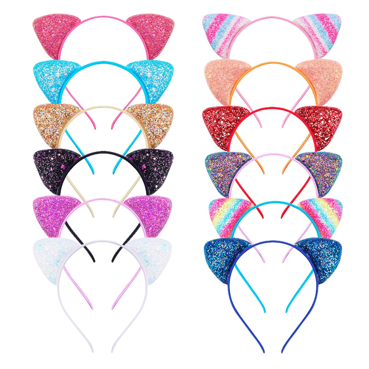 KIUSOWAYD front view of twelve cat ear headbands, colorful set and easy gifting