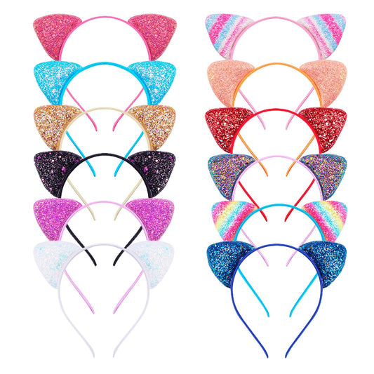KIUSOWAYD front view of twelve cat ear headbands, colorful set and easy gifting