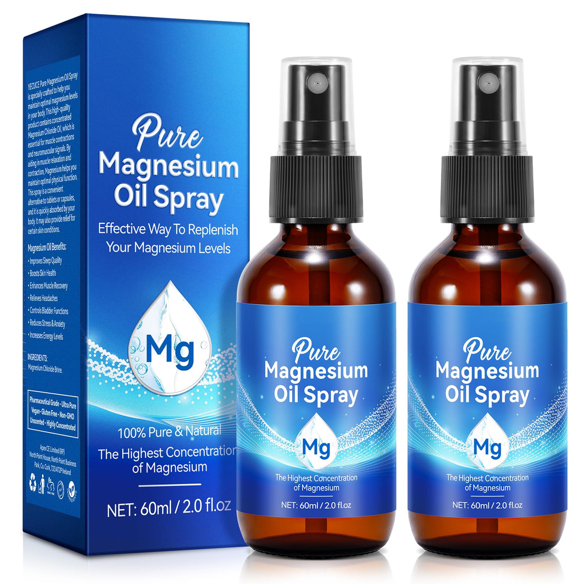 KLLALO magnesium oil spray glass bottles showing packaging and natural presentation