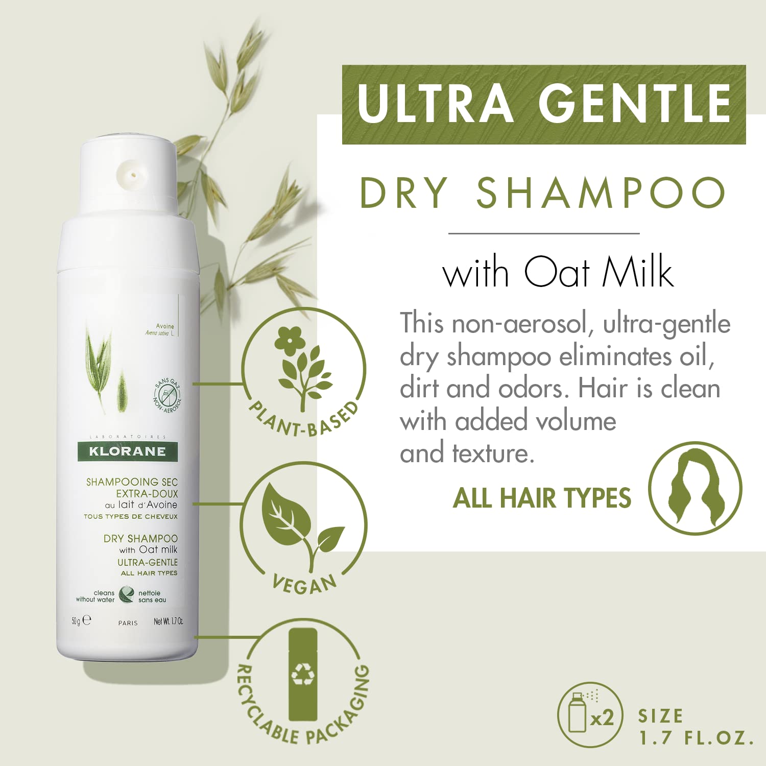 Klorane bottle opened to reveal loose oat milk dry shampoo powder texture