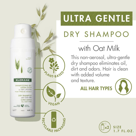 Klorane bottle opened to reveal loose oat milk dry shampoo powder texture