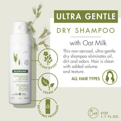 Klorane bottle opened to reveal loose oat milk dry shampoo powder texture